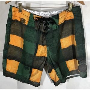 Rhythm The Sound of Change Green/Yellow Checkered Board Shorts Sz 32 Swim Trunks
